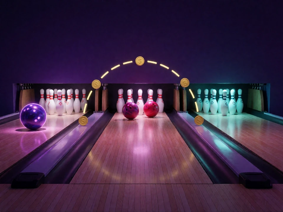 Drei neonbeleuchtete Bowling-Etappen visualisieren die Stufen des DudeSpin Casino-Willkommensbonus