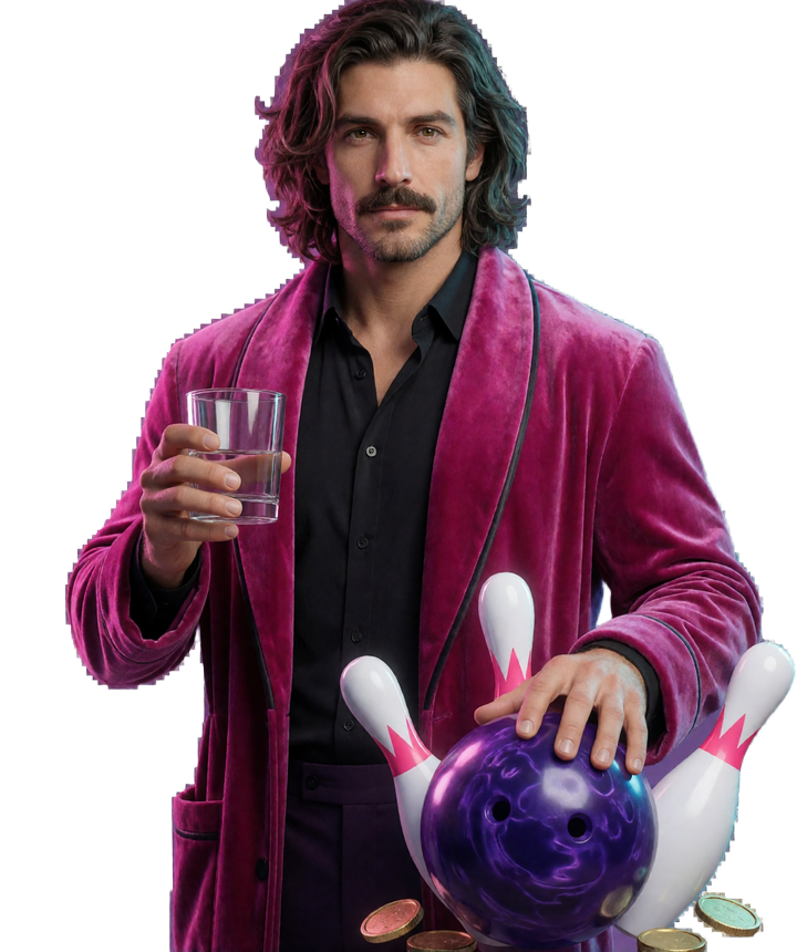 Langhaariges DudeSpin-Maskottchen im pinken Samtmantel mit Bowlingkugel und Kegeln im Online-Casino-Hero