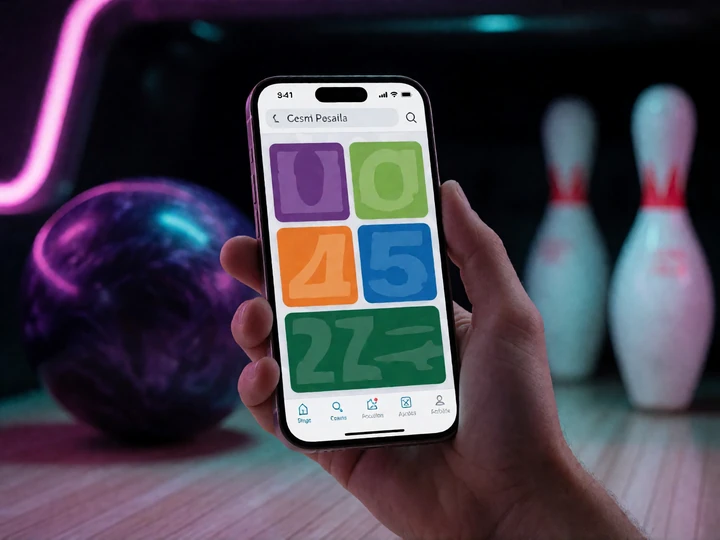 Smartphone mit generischer Browser-Navigation f&uuml;r mobiles Online Casino vor einer violetten Bowlingkulisse