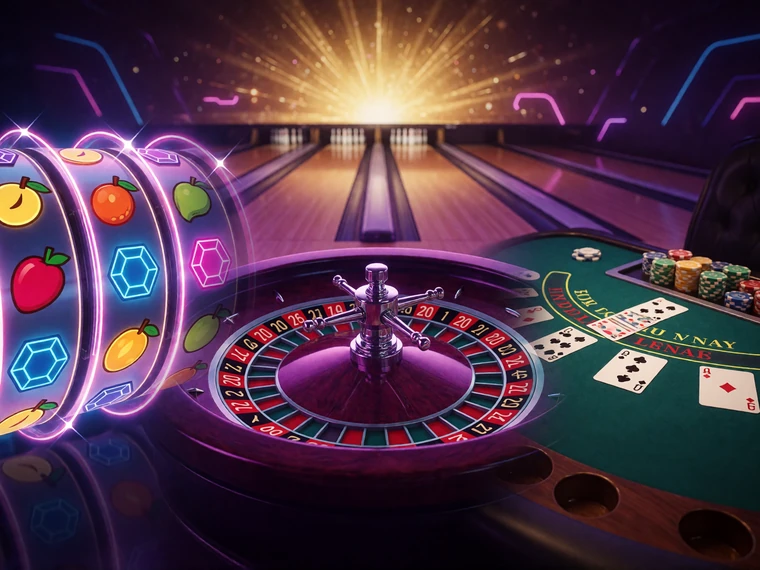 Slots, Roulette, Blackjack und Jackpot-Licht in einer Neon-Bowling-Szene f&uuml;r DudeSpin Casino-Spiele